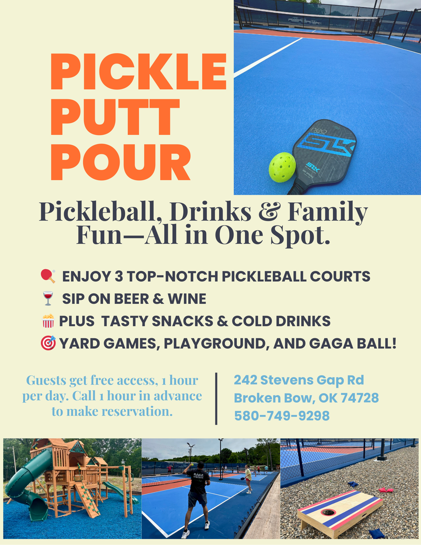 Looking for something fun to do? Guests enjoy FREE daily access to Pickle Putt Pour with pickleball courts, yard games, and a playground for the kids!