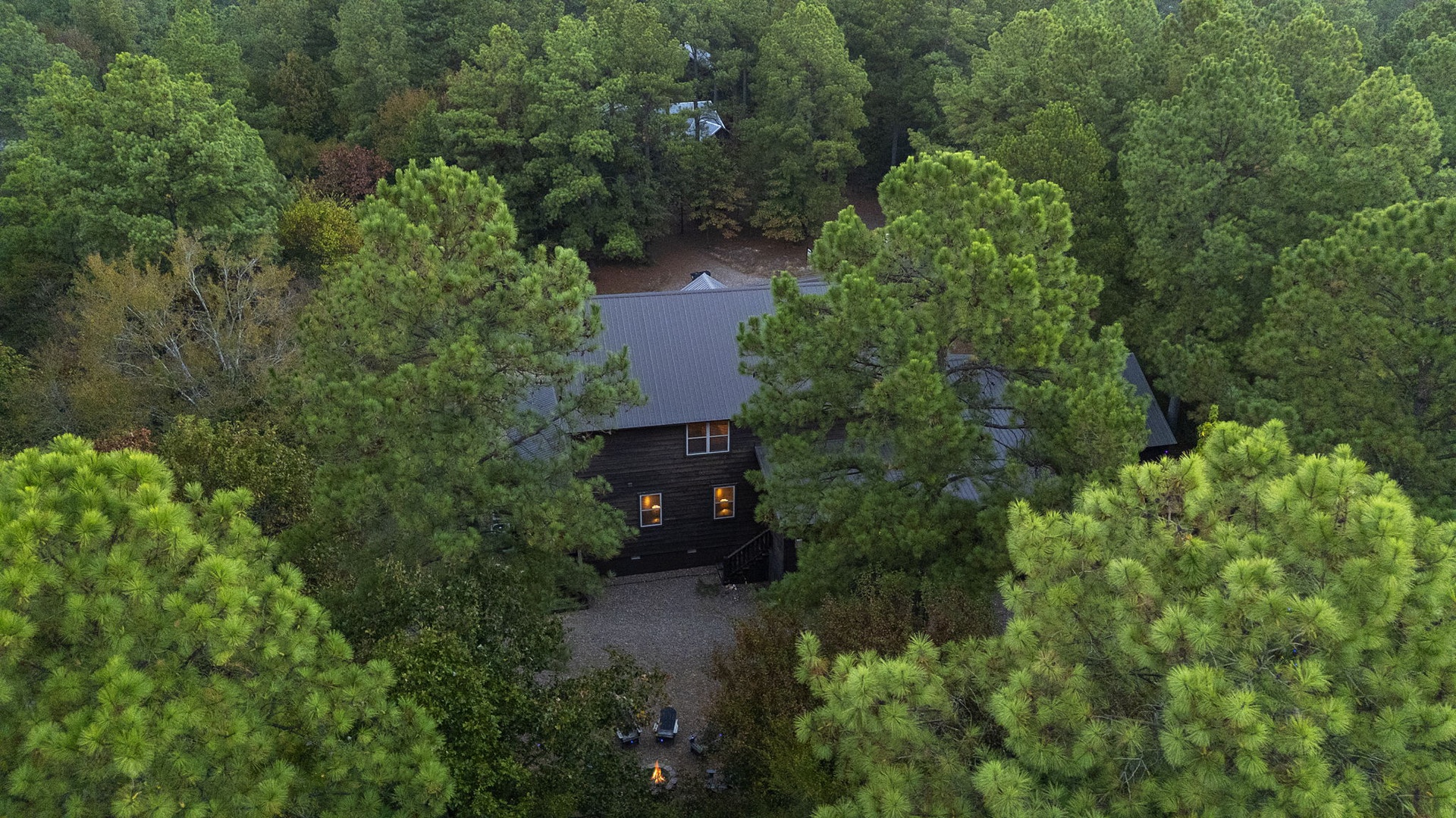 An aerial view reveals this charming cabin nestled privately among towering pines and lush forest, offering a secluded woodland escape.