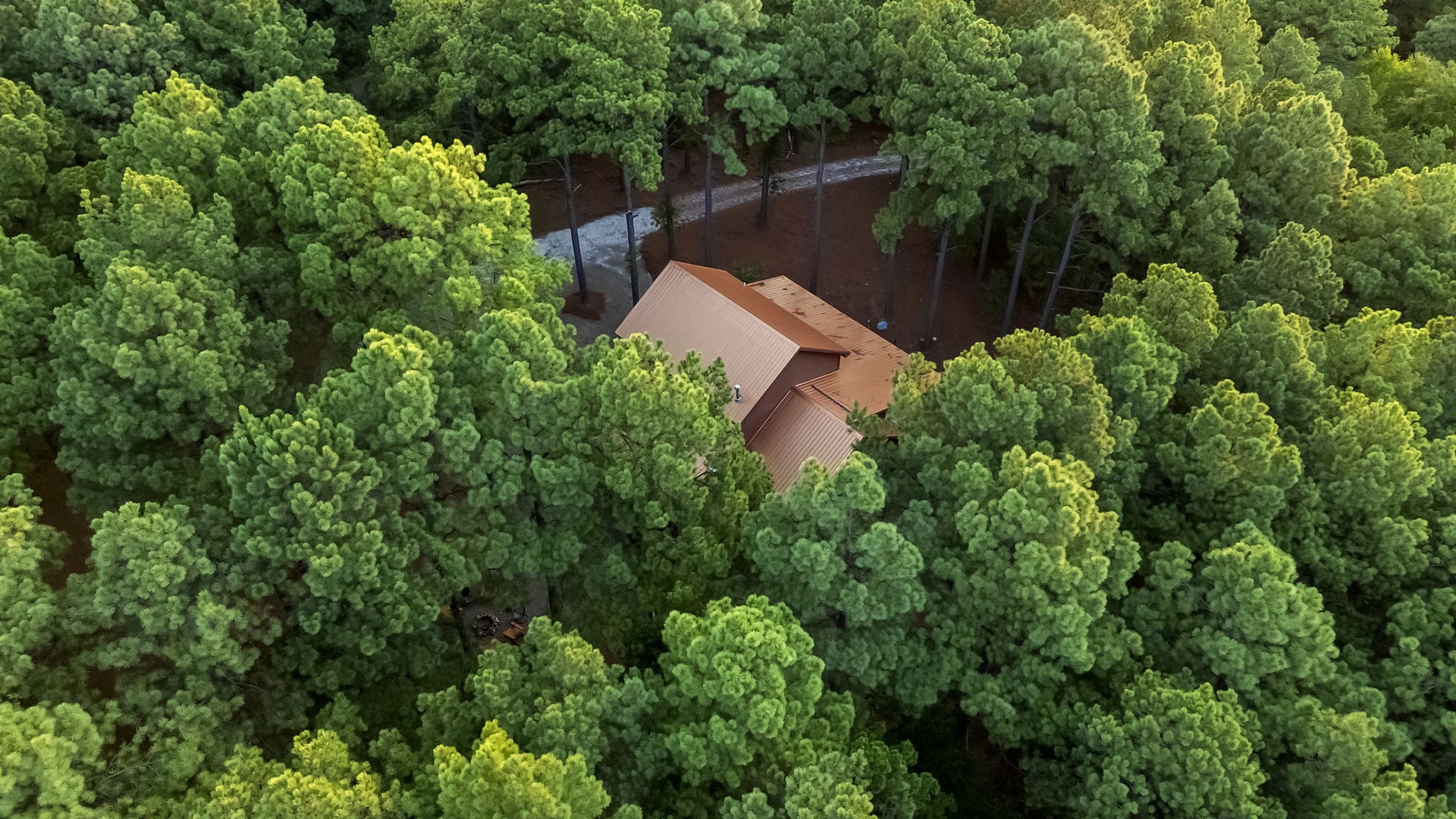 Aerial view showcasing the property nestled within lush forest, offering a serene and private natural setting surrounded by dense tree cover.