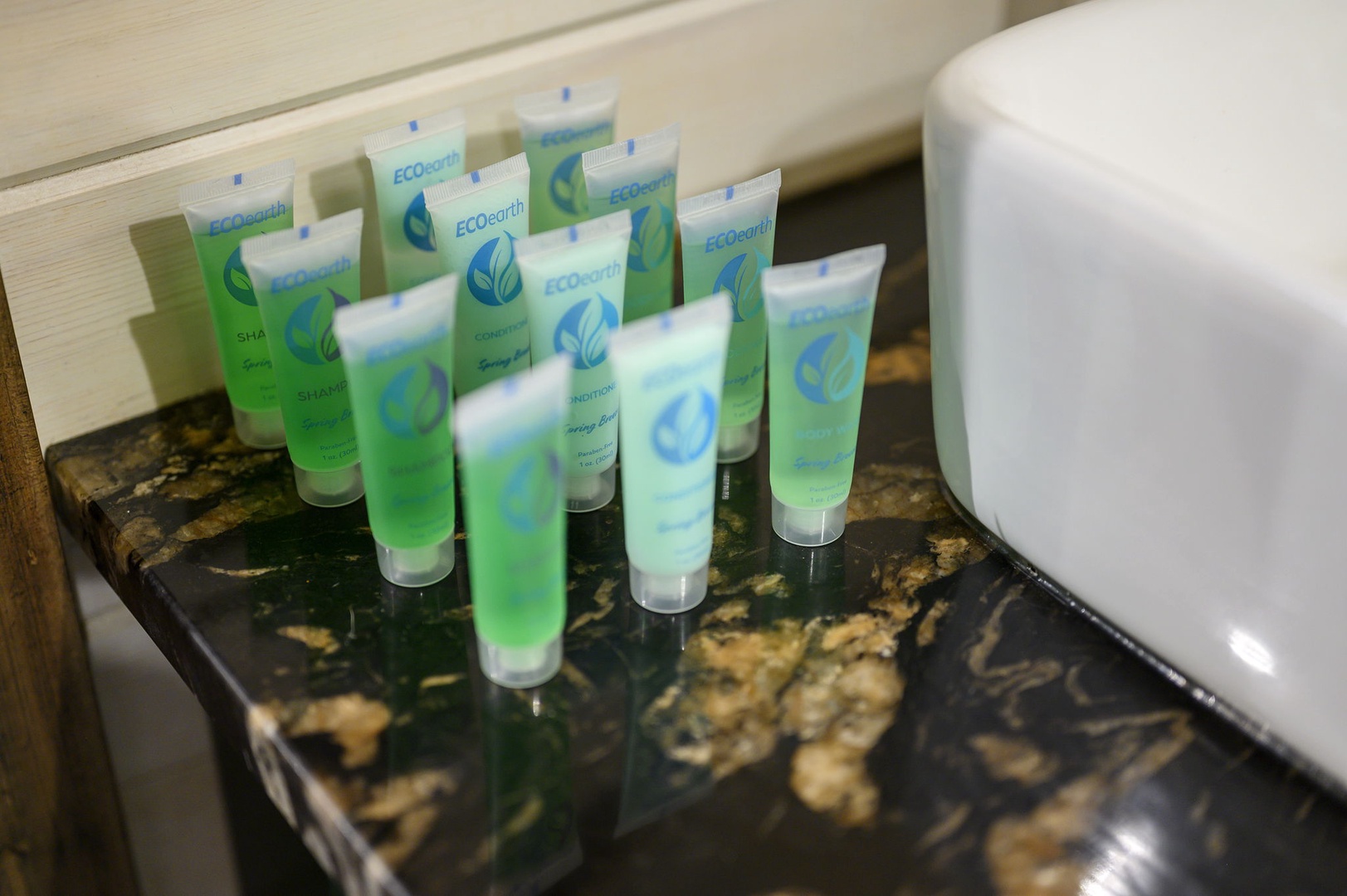 Complimentary eco-friendly toiletries await your arrival, thoughtfully arranged on the stylish granite vanity for your convenience and comfort.