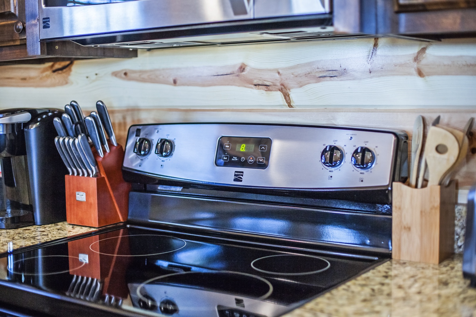 Cook your favorite meals with this modern stove, complete knife set, and spacious counters in your fully-equipped kitchen retreat.