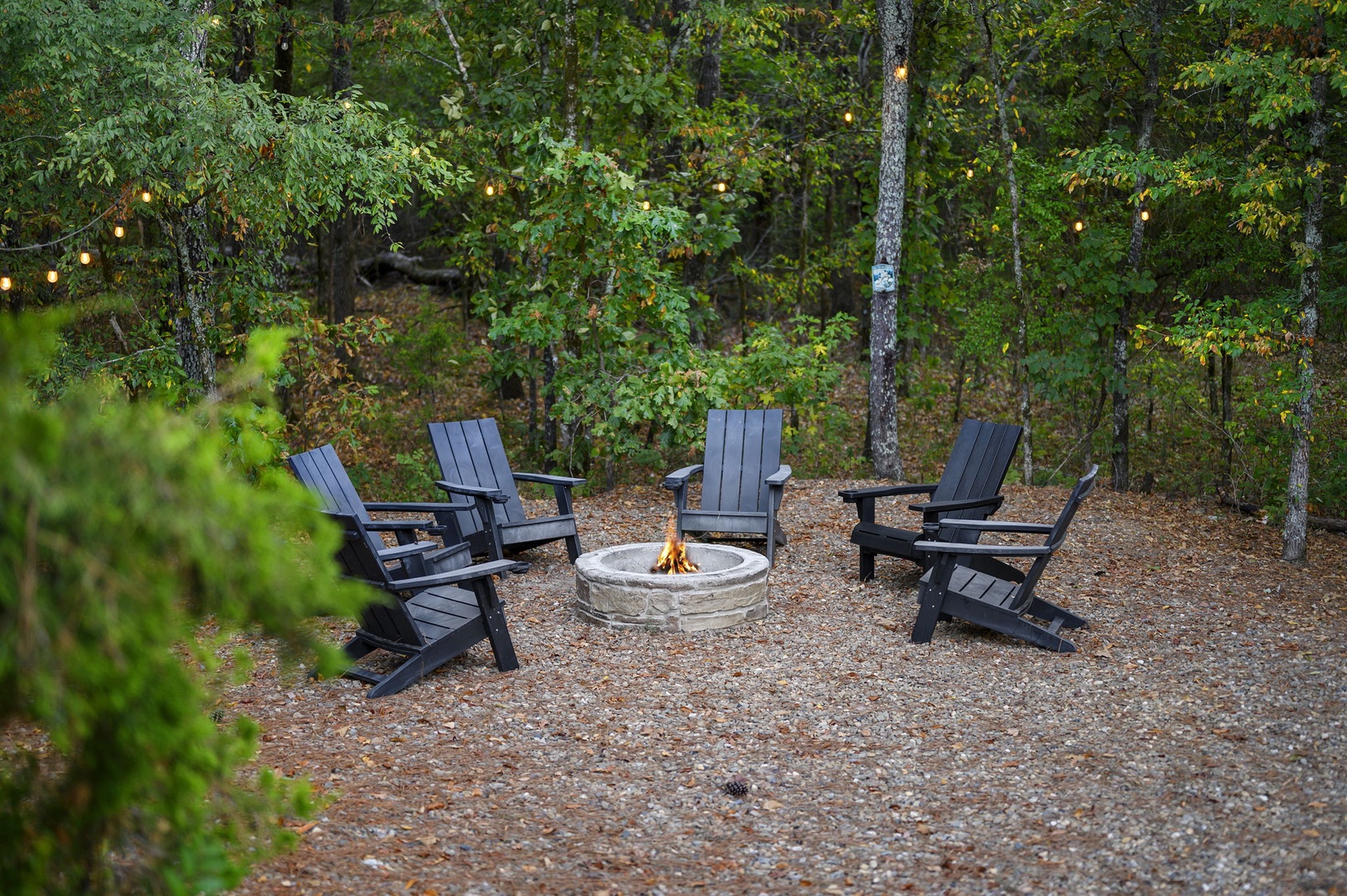 Gather around your private fire pit surrounded by peaceful woods—perfect for evening stories, stargazing, and making memories under the string lights.