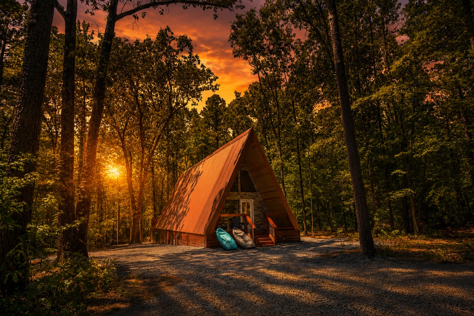 A charming A-frame cabin nestled in the woods, where towering trees frame fiery sunset skies.