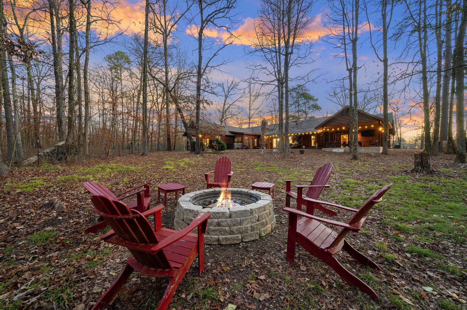 Gather around your private fire pit as evening paints the sky in brilliant colors, creating magical moments in this secluded forest retreat.