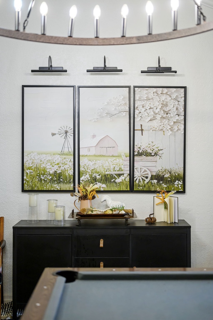 Relax in your elegantly appointed dining space, where rustic artwork and warm lighting create the perfect atmosphere for memorable meals.