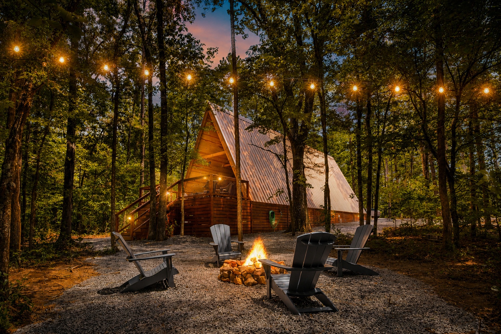A secluded A-frame cabin nestled among towering trees, with a crackling firepit and Adirondack chairs awaiting evening stories under glowing string lights.