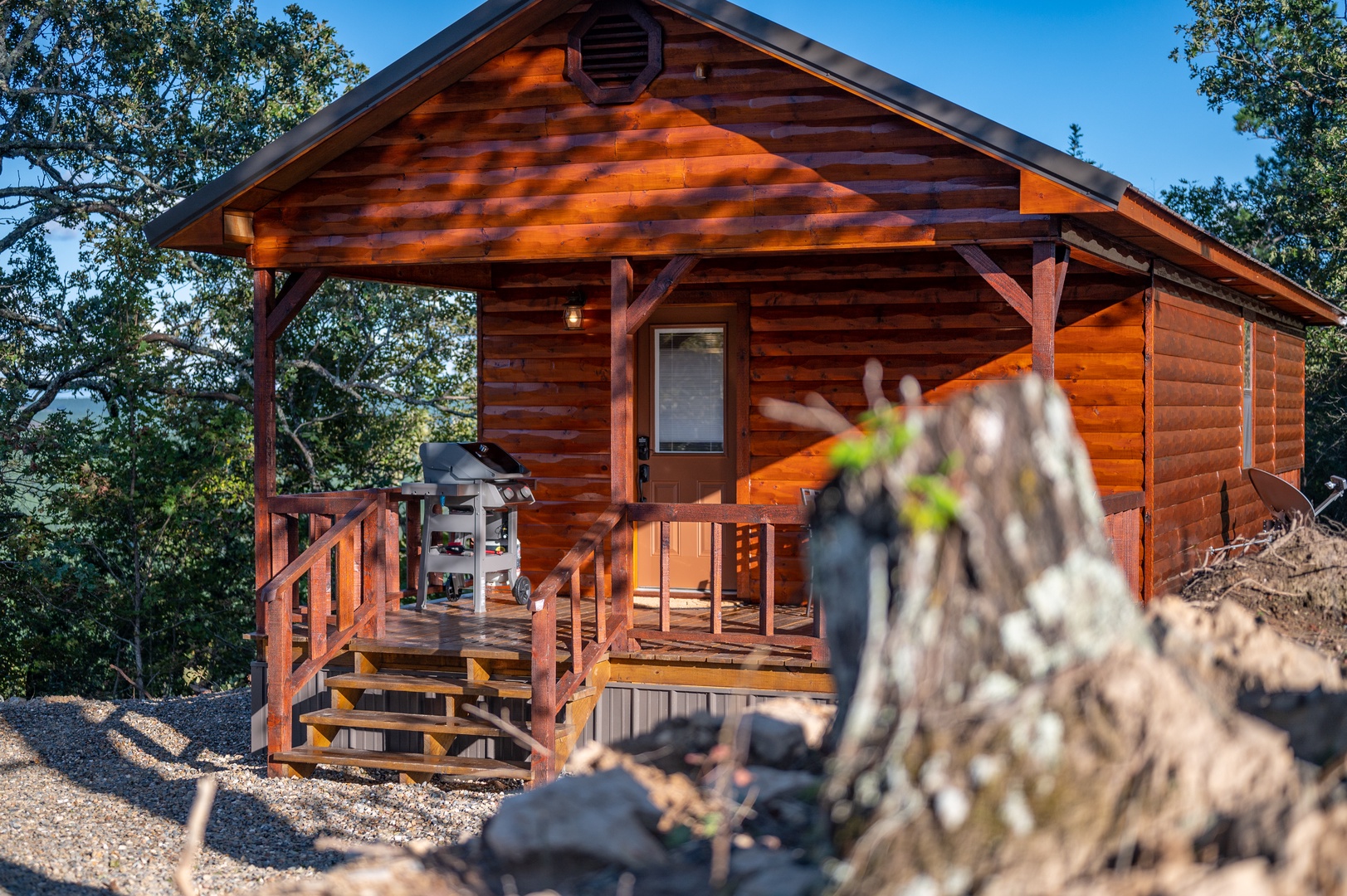 Rustic log cabin with covered deck and BBQ grill nestled among mature trees in a peaceful natural setting.