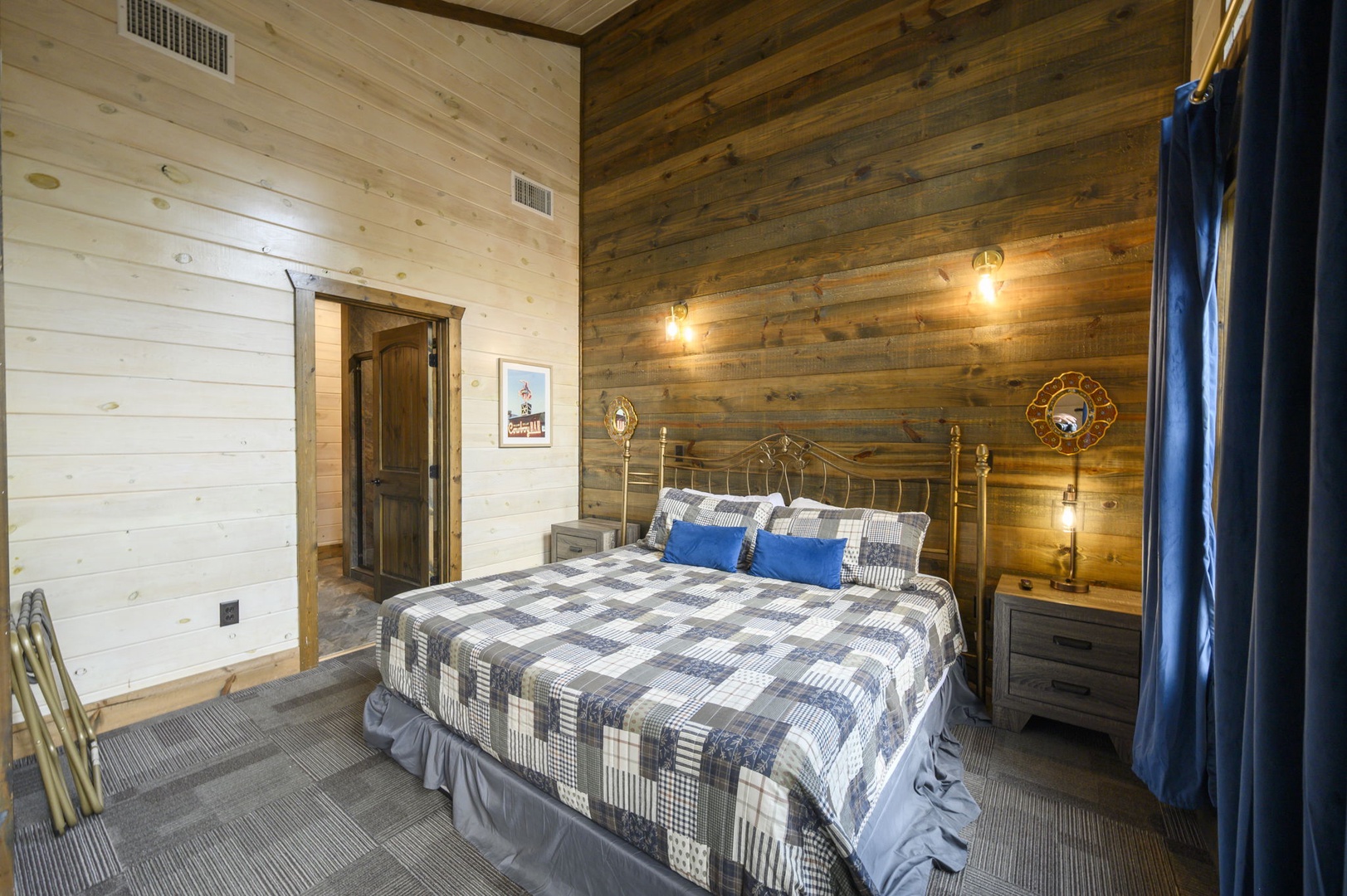 Sink into your cozy bed surrounded by rich wood-planked walls that radiate rustic charm and modern comfort—your peaceful retreat awaits.