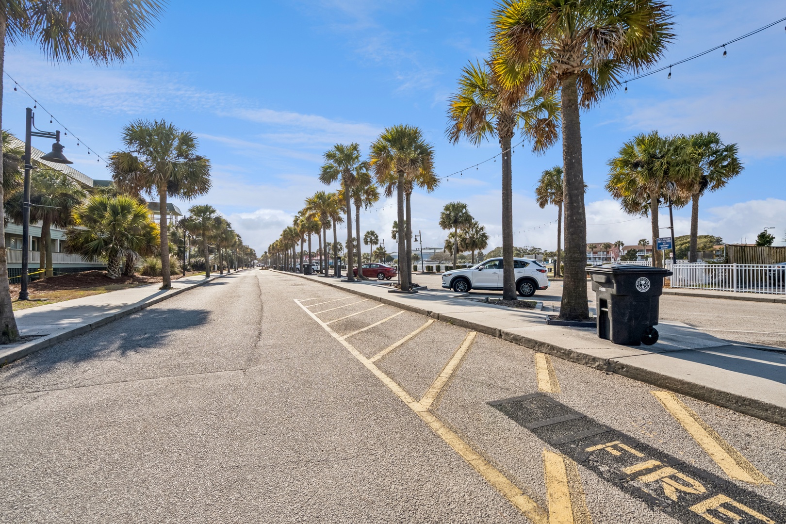 Palm-lined coastal street showcases the charming neighborhood setting with convenient parking and easy access to local attractions.
