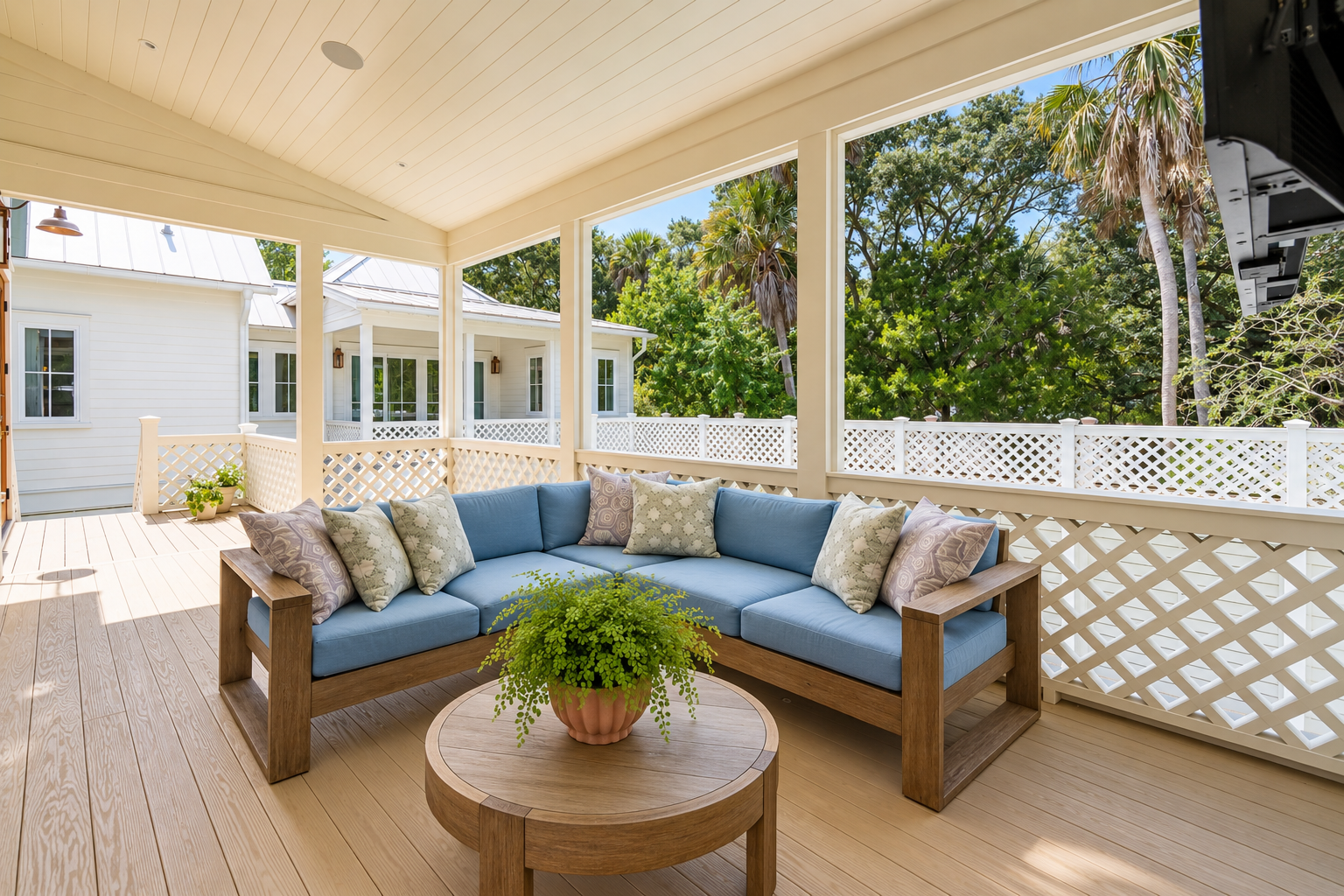 Sink into these plush sofas on your screened porch and unwind as tropical breezes drift through. Surrounded by lush palms and greenery, it's your perfect escape.