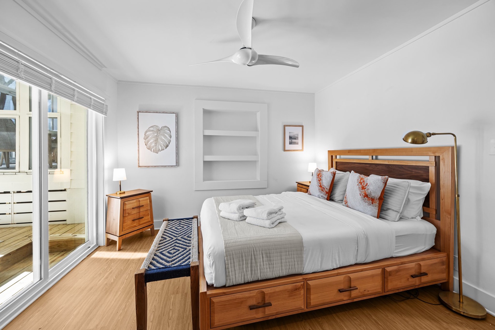 Drift off in your serene bedroom sanctuary with warm wood furnishings and fresh linens awaiting your arrival.