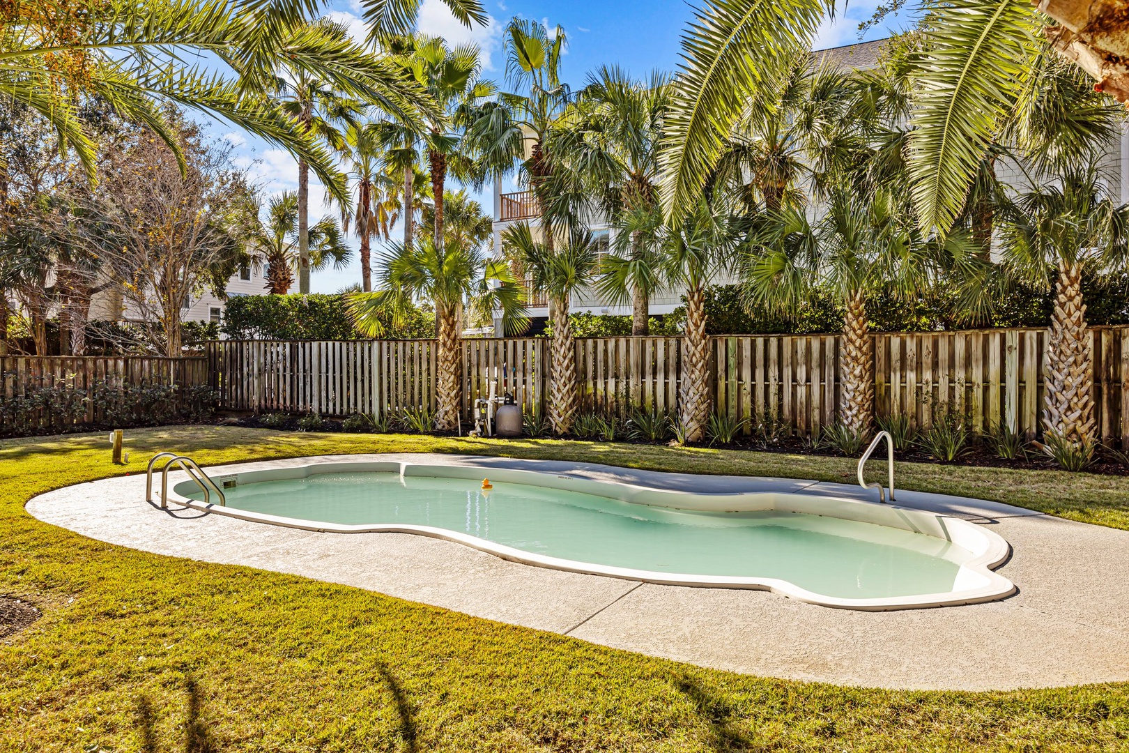 Dive into your own tropical paradise beneath swaying palm trees in this stunning backyard oasis.