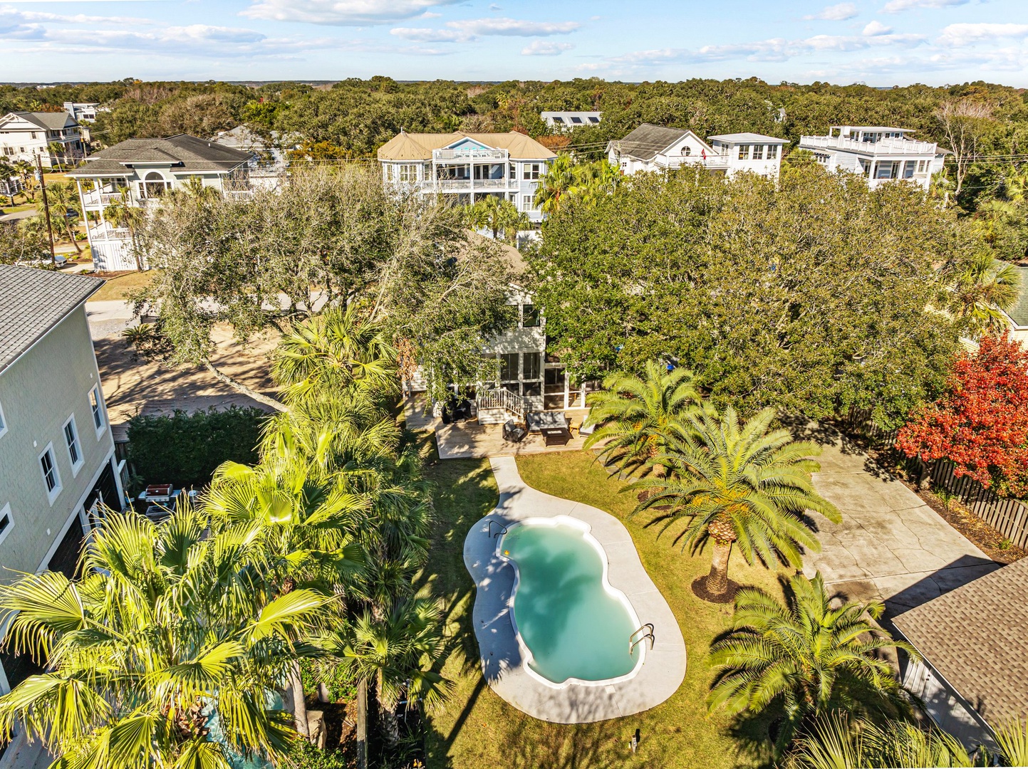 Aerial view of a coastal property featuring a private pool surrounded by lush tropical landscaping and neighboring beach homes.