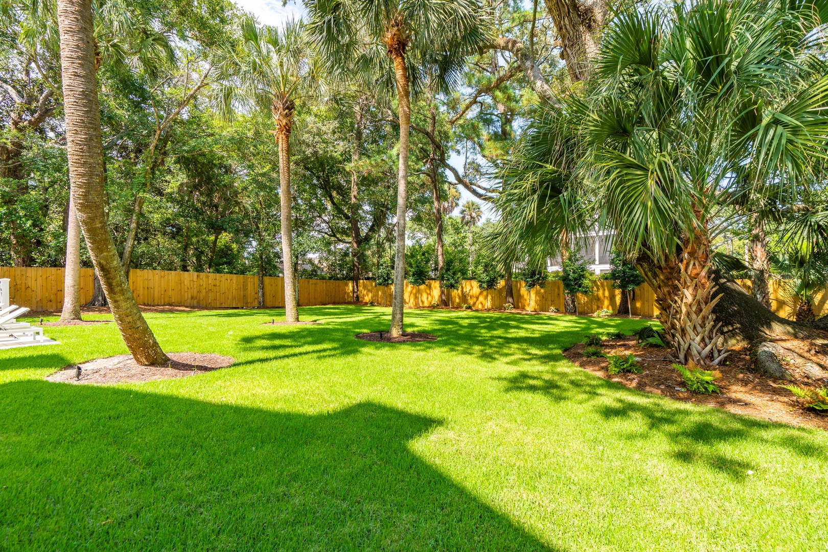 A lush, sun-dappled backyard with towering palms and mature trees creates a private tropical oasis, perfect for morning coffee or evening relaxation in your own garden sanctuary.