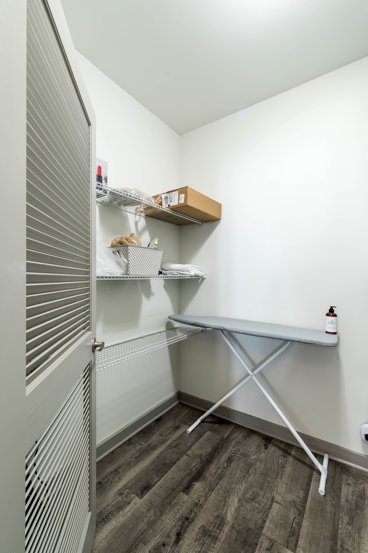 Keep your outfits looking their best with the provided iron and ironing board, perfect for business trips, special events, or a night out.
