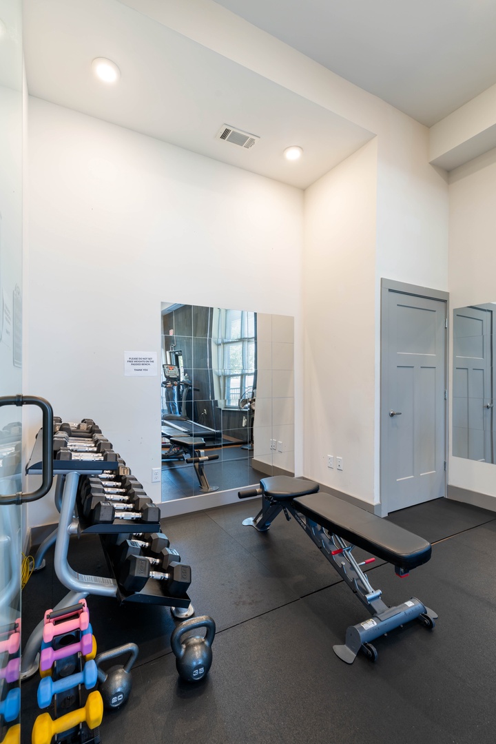 Build your workout with free weights and dumbbells available in the gym, perfect for strength training during your stay.