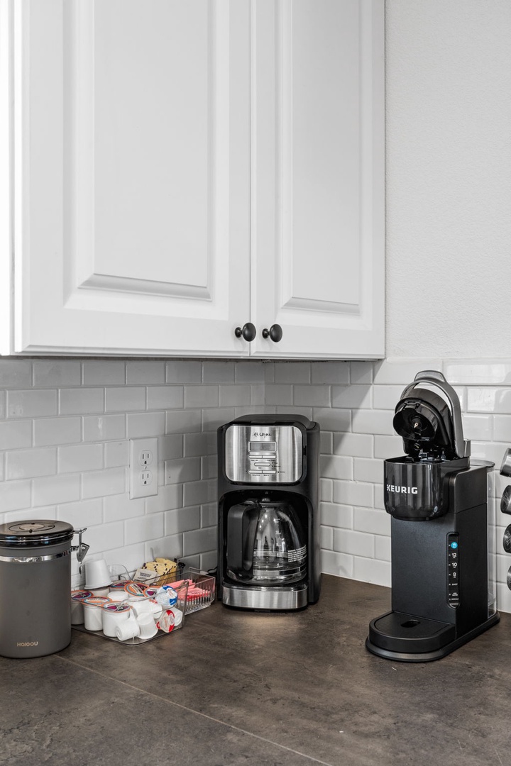 Start your mornings perfectly with a dedicated coffee station featuring both traditional drip and K-cup brewing options for your convenience.