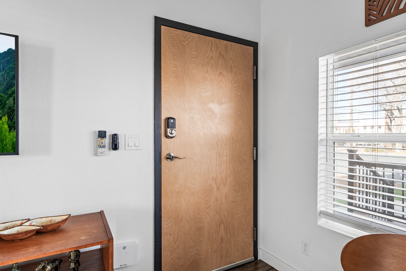 Your secure entry features a modern keyless lock system for convenient, hassle-free access to your private retreat.