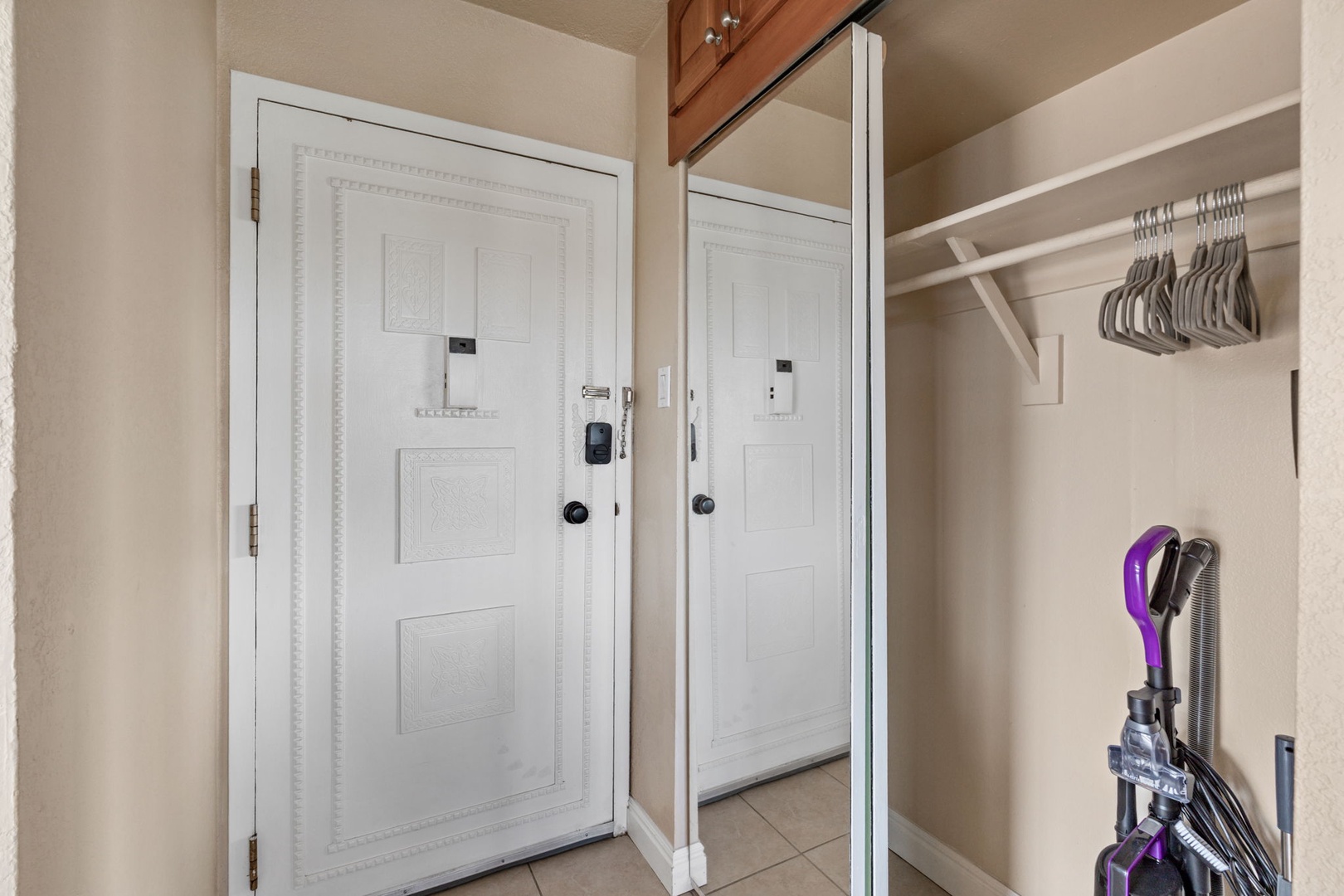 Slide open your closet to find fresh linens, extra hangers, and a Dyson vacuum ready to help you keep things tidy during your stay.