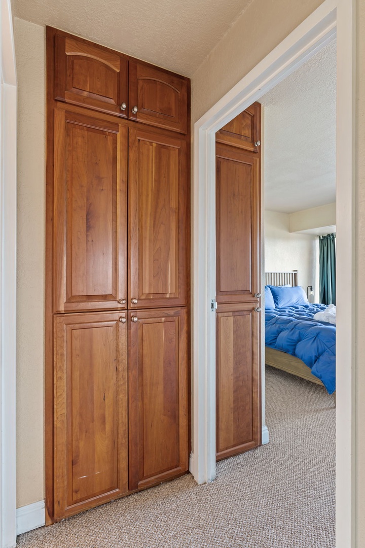 Built-in wardrobes offer plentiful storage for your belongings, keeping your space organized and uncluttered throughout your stay.