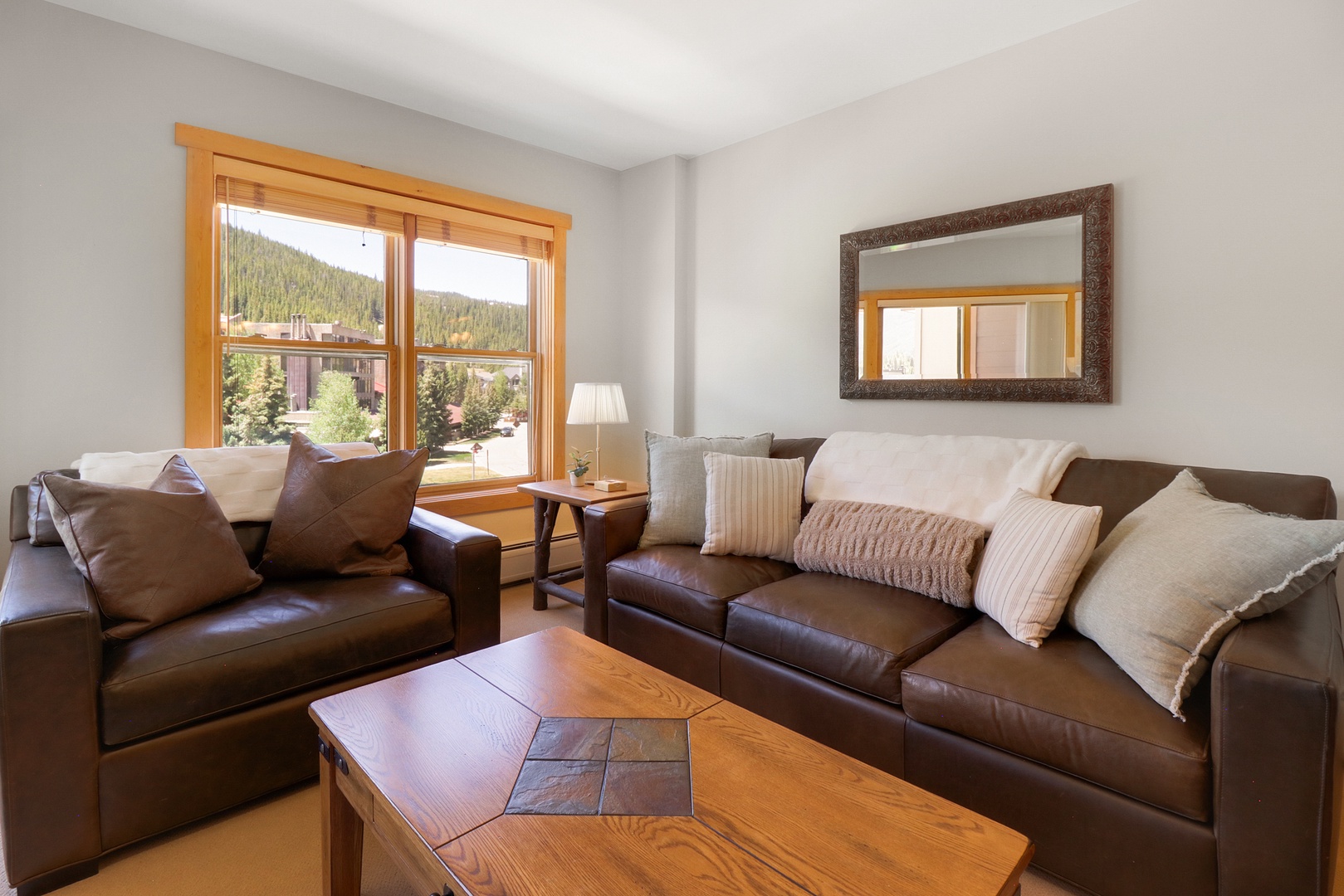 You'll love relaxing in this cozy living room, where plush leather sofas and mountain views create the perfect retreat after exploring the area.