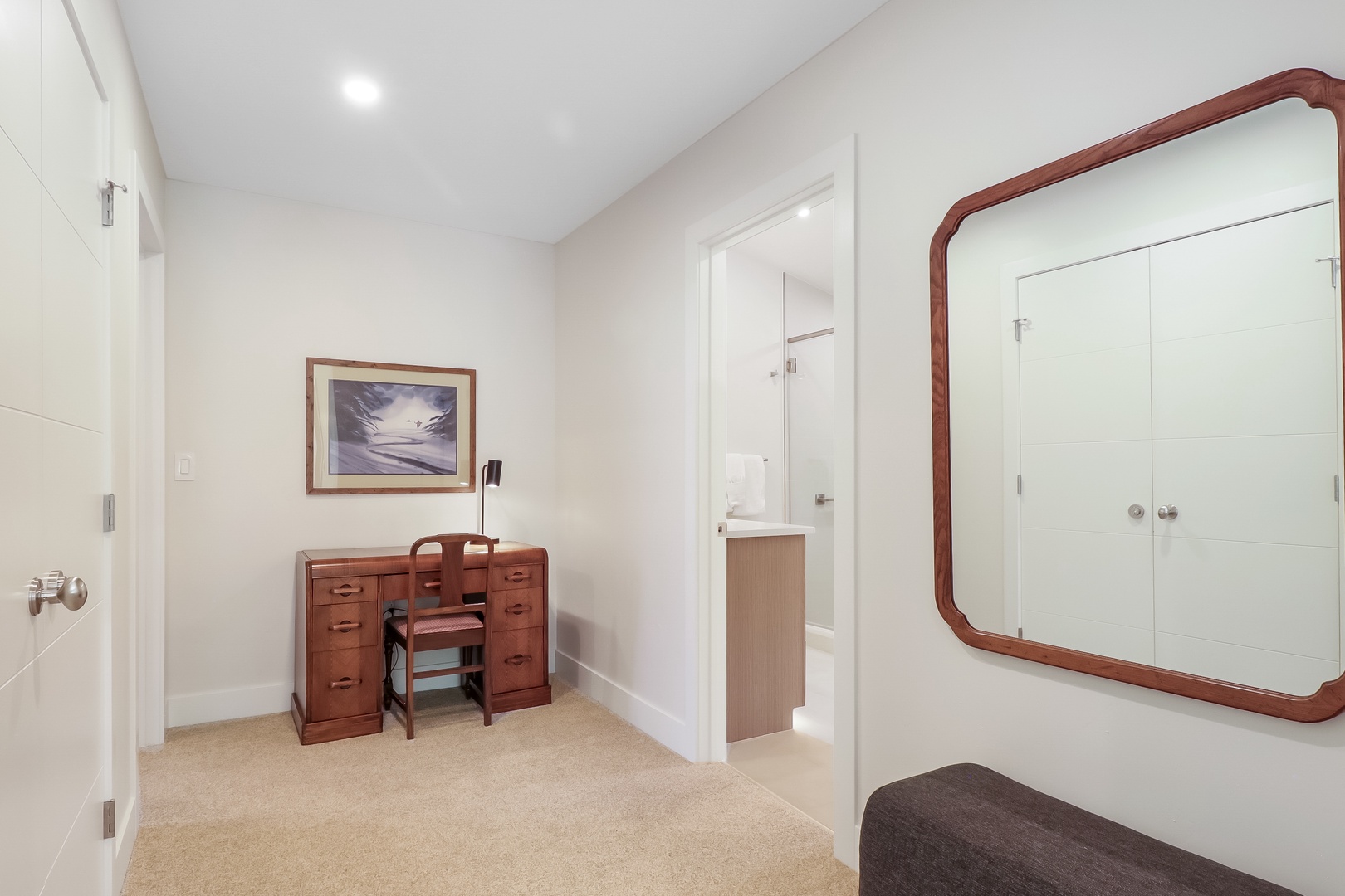 Your private workspace awaits—settle in at this charming wooden desk, perfect for catching up on emails or jotting down travel plans in peaceful comfort.