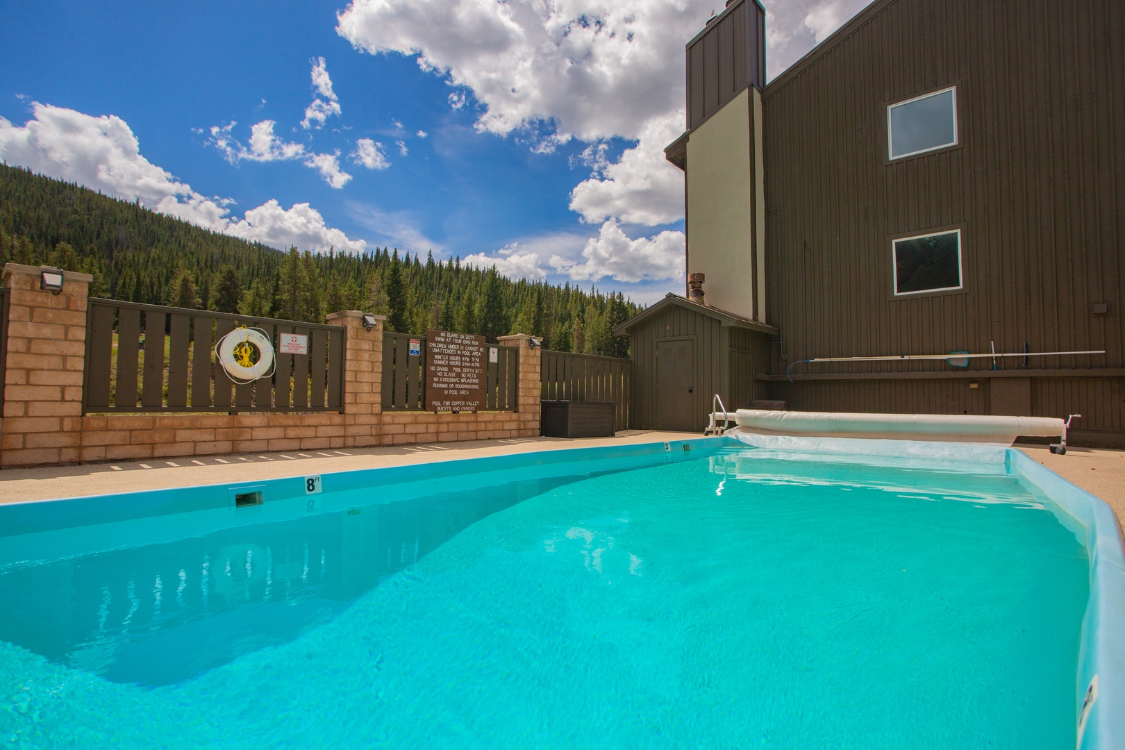 Soak in the crystal-clear pool under bright blue skies, surrounded by towering pines and mountain views—your perfect alpine retreat awaits.