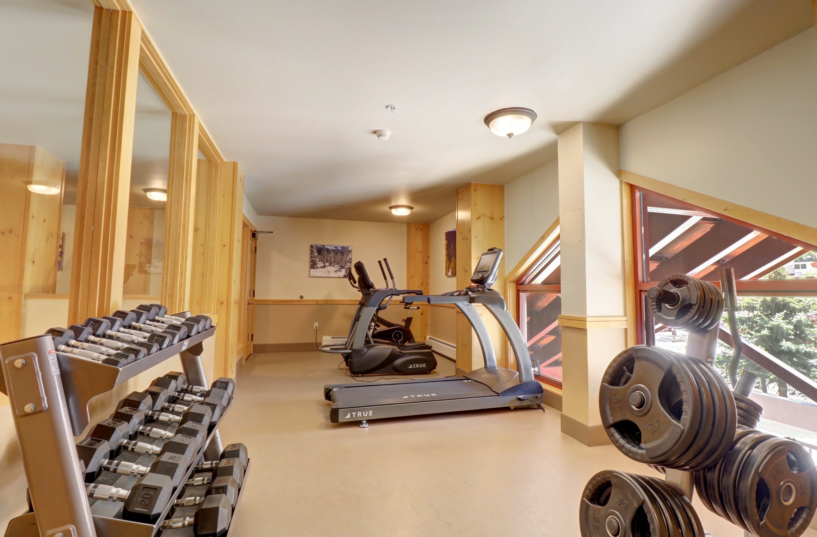 Maintain your routine in this well-equipped fitness center, featuring cardio machines, free weights, and warm wood accents that create an inviting atmosphere for your workouts.