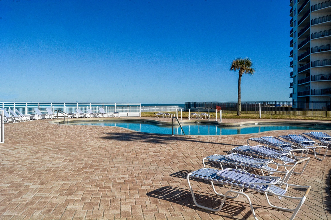 Beachfront pool deck with oceanfront views and tropical palms nearby.