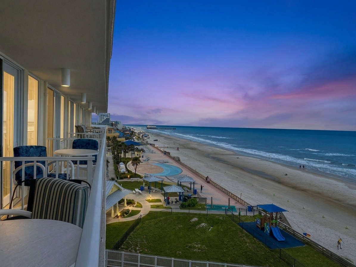 A stunning beachfront balcony where you can soak in panoramic ocean views and watch the sky paint itself in brilliant twilight hues, just steps from sandy shores and coastal breezes.