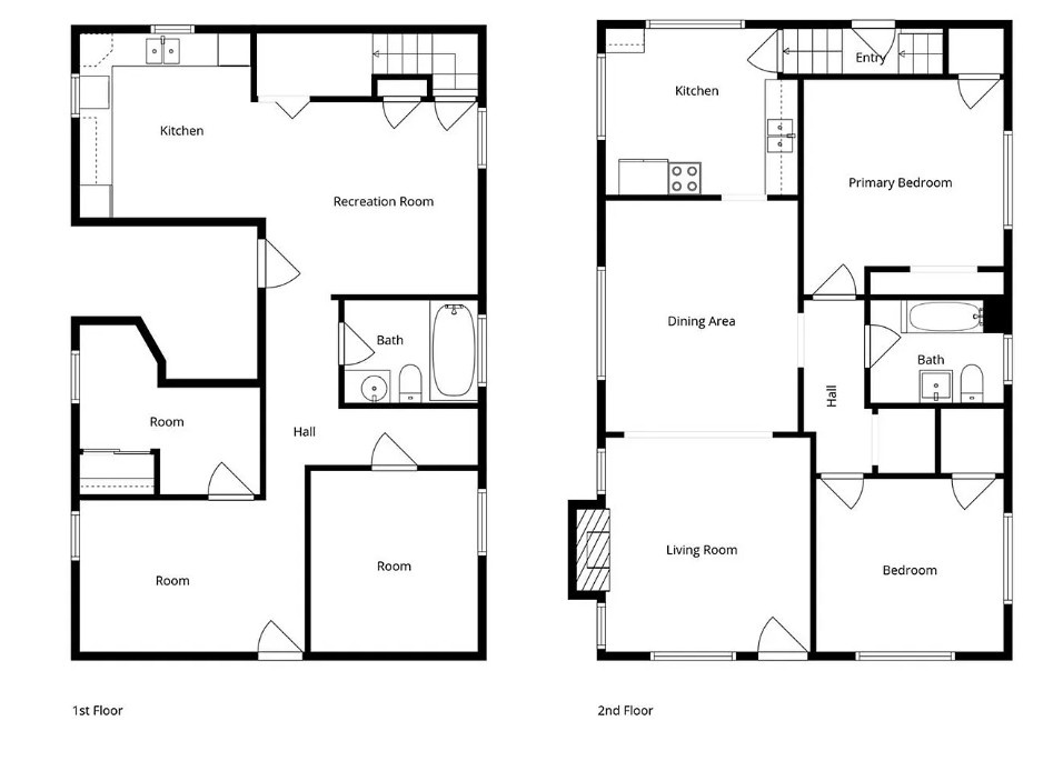 Two-story vacation rental floor plan featuring separate living spaces across both levels, each with full kitchen, bathroom, and multiple bedrooms for comfortable family stays.