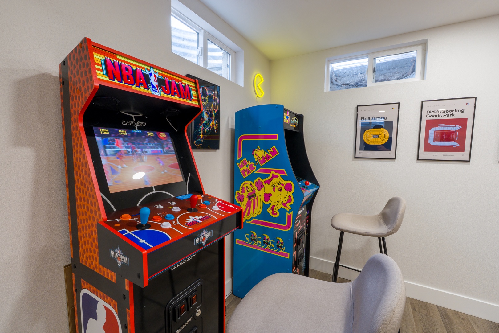 Challenge friends to classic arcade games in your private gaming corner, complete with authentic NBA Jam and Ms. Pac-Man machines.