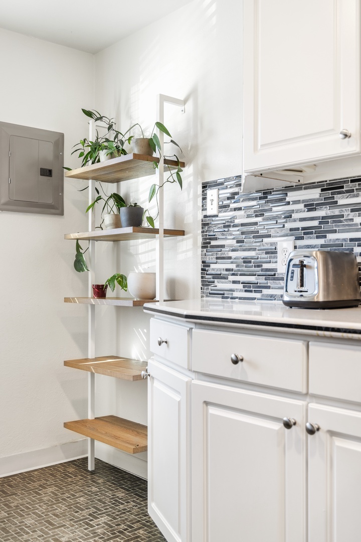 Your bright modern kitchen features sleek white cabinets, stylish tile backsplash, and charming plant shelves for a fresh, welcoming atmosphere.