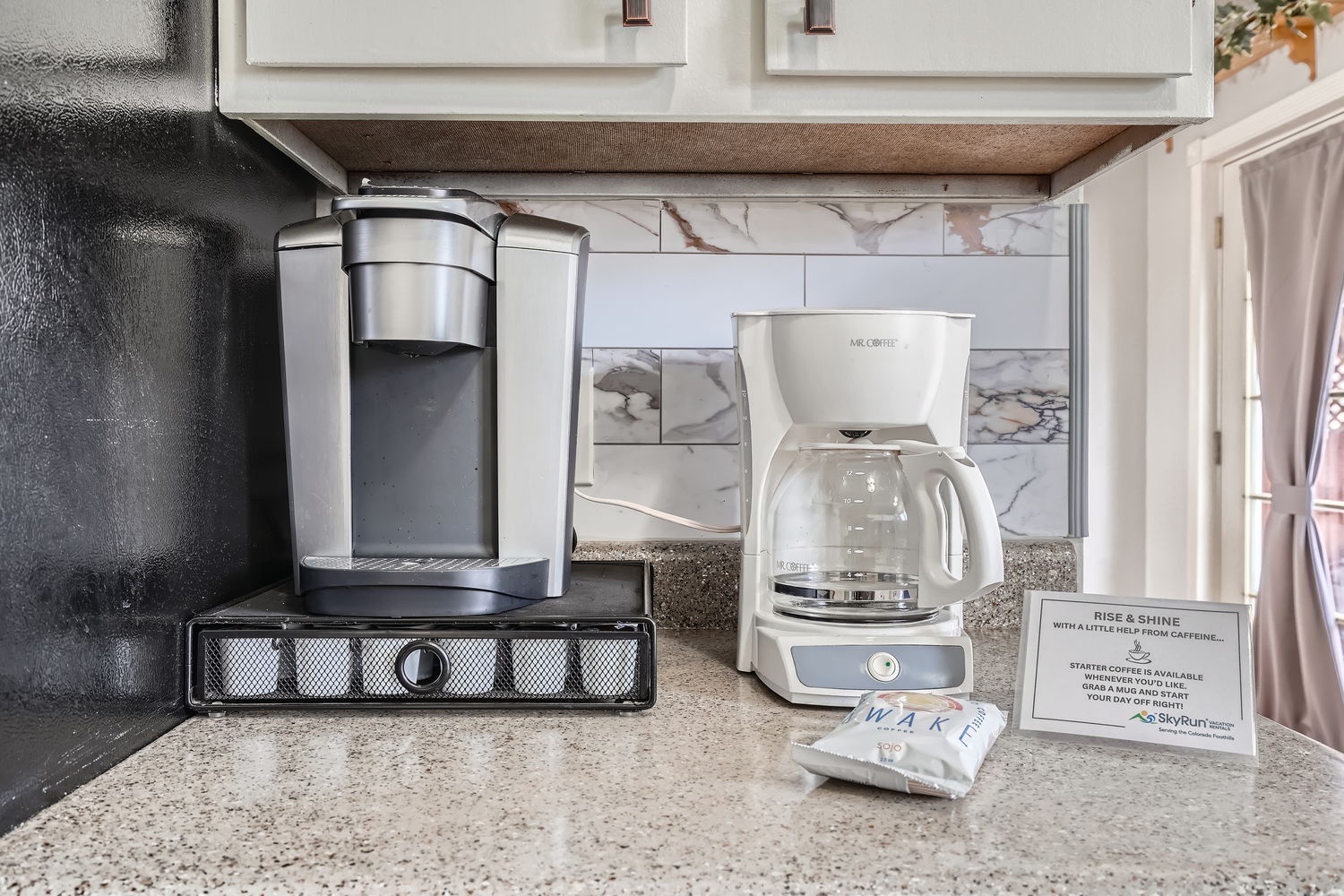 Start your mornings right with both Keurig and drip coffee makers at your fingertips, plus complimentary starter coffee to help you rise and shine.