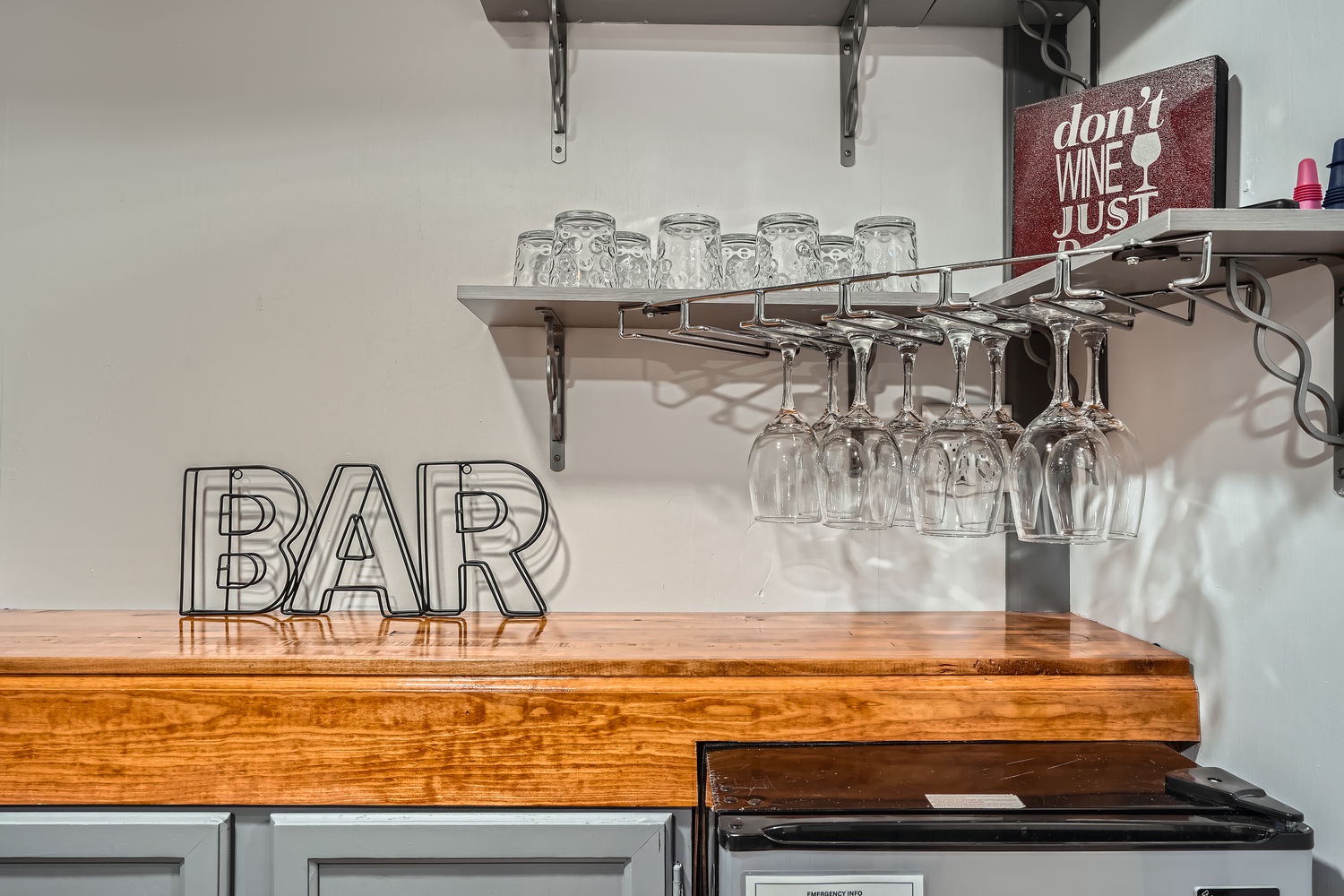 Your own private bar awaits, complete with stemware and chilled drinks. Mix your favorite cocktail and toast to your getaway in style.