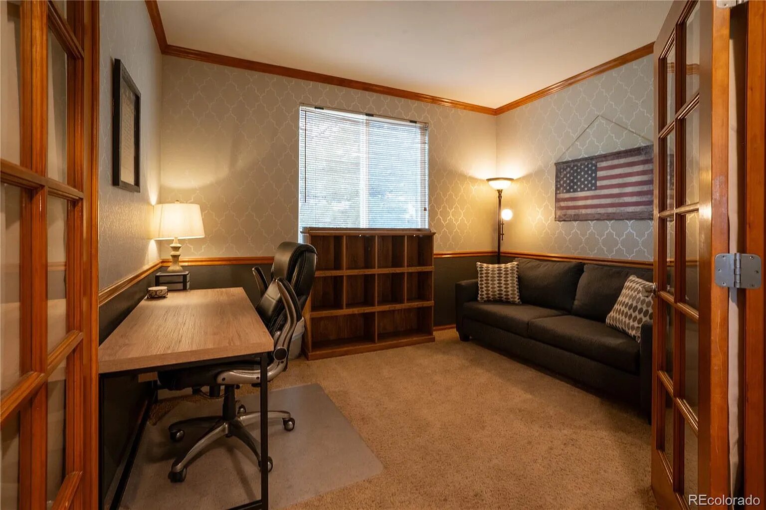 Your productive home office combines comfort with rich wood details, cozy seating, and inspiring Americana touches.