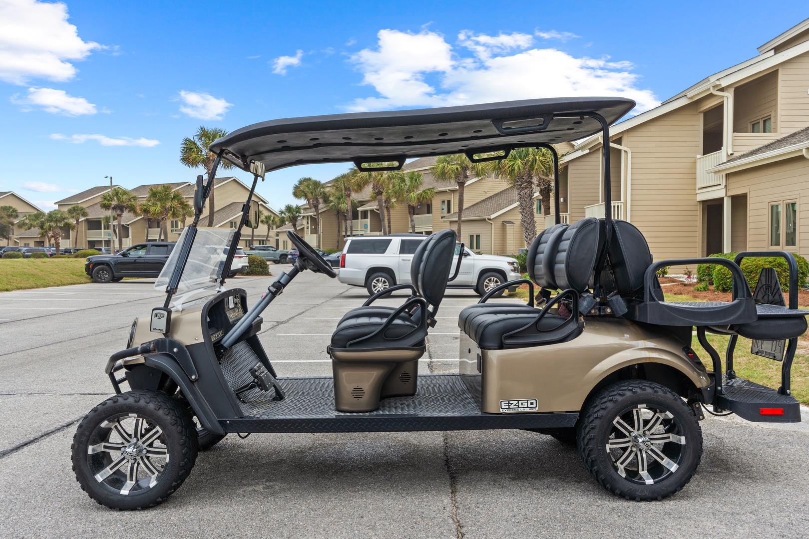 A spacious golf cart available (Extra Fee) for exploring the property and neighborhood with ease during your stay.