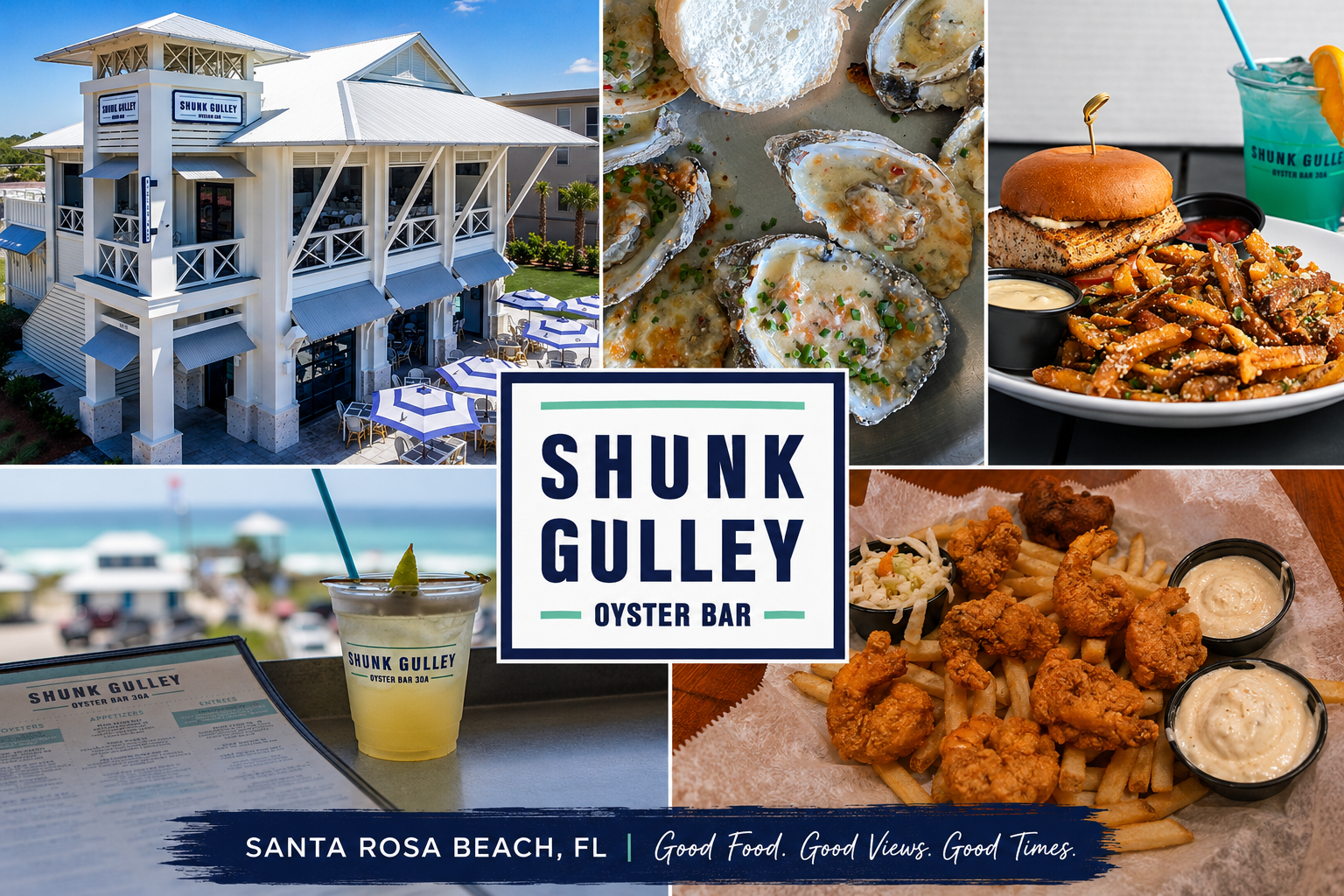 Shunk Gulley Oyster Bar is a popular seafood spot along Scenic 30A in Santa Rosa Beach, known for Gulf views, fresh oysters, and laid-back coastal dining inspired by a legendary offshore fishing reef.