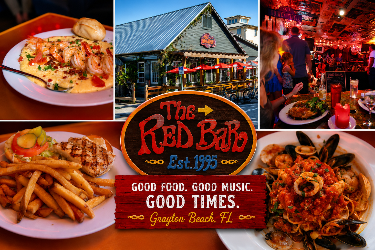 The Red Bar is a beloved Grayton Beach landmark known for its eclectic atmosphere, live music, fresh Gulf Coast cuisine, and vibrant local character. A favorite gathering spot for locals and visitors alike.