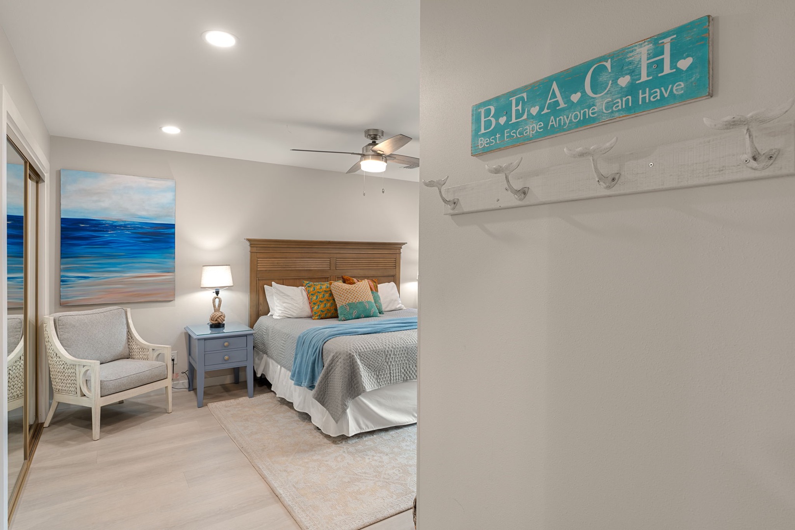 Your coastal bedroom sanctuary features ocean-inspired decor and modern comfort for peaceful nights after beach adventures.