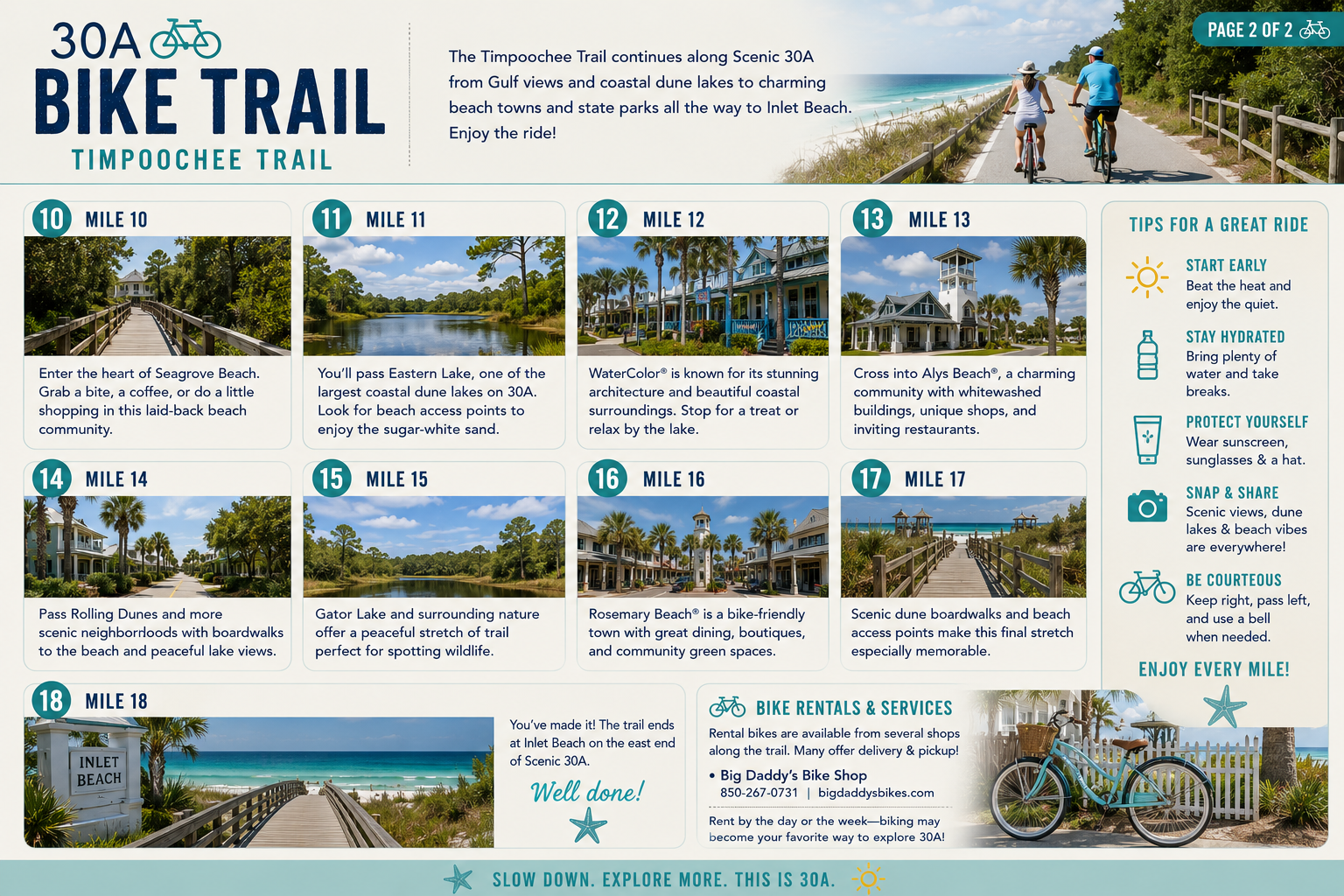 Continue miles 10–18 through Seagrove, WaterSound, Alys Beach, Rosemary Beach, and Inlet Beach. Enjoy scenic Gulf views, rare dune lakes, unique shops, dining, and some of 30A’s most iconic destinations.