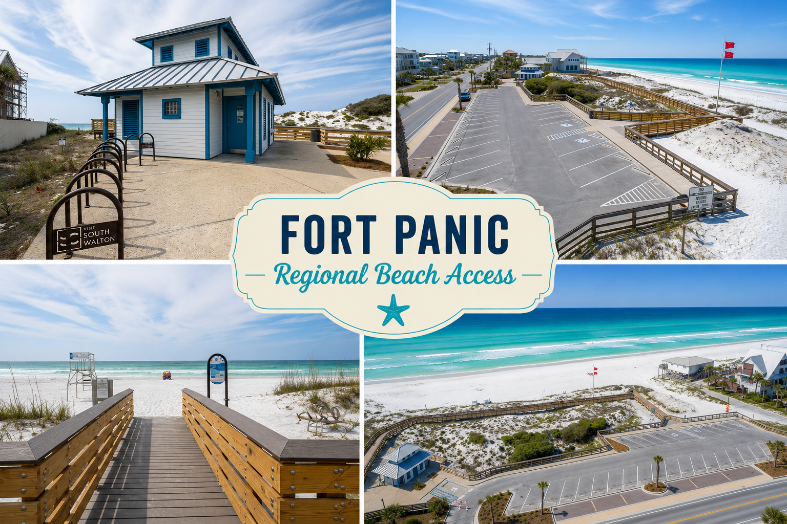 Fort Panic Regional Beach Access features ADA access, parking, restrooms, lifeguards, and easy beach access on Scenic 30A.