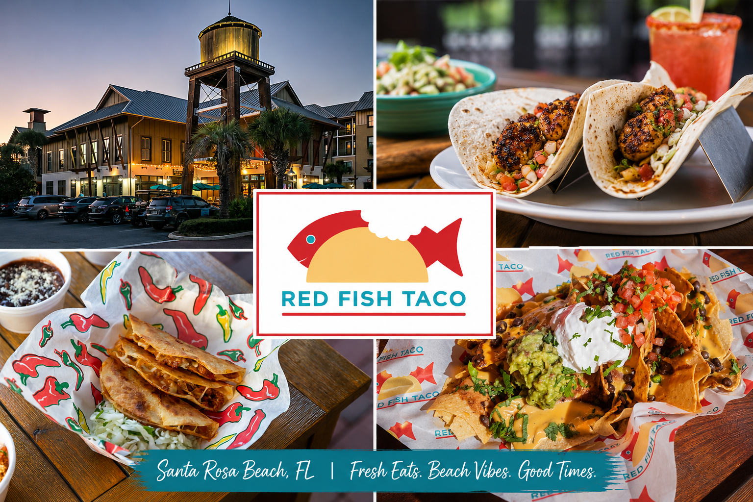 Red Fish Taco is a lively spot in Red Fish Village along Scenic 30A, serving gourmet tacos and beachside Mexican favorites with fresh ingredients and bold coastal flavors in a fun, casual setting.