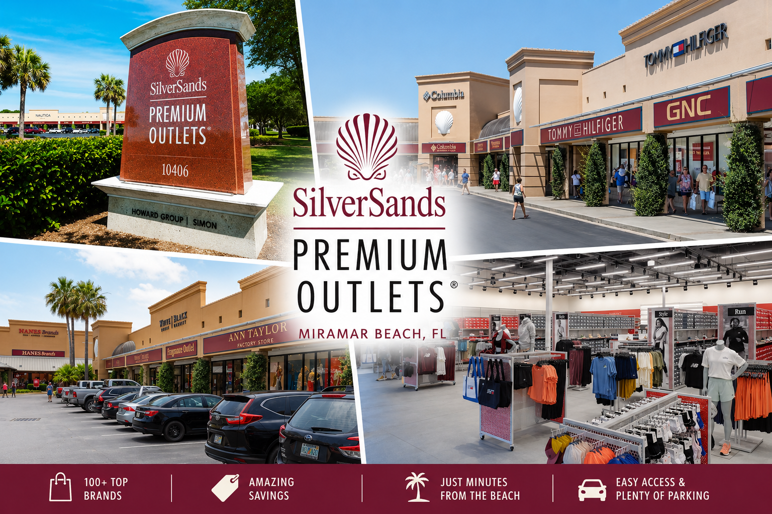 SilverSands Premium Outlets in Miramar Beach features over 100 top brands with amazing savings, just minutes from the beach with easy access and ample parking for your shopping convenience.