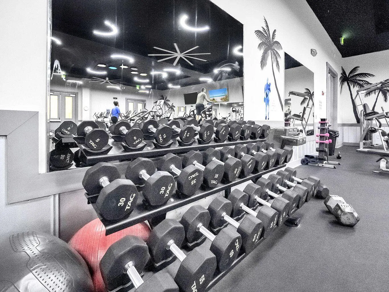 Stay strong with your vacation fitness routine in this fully-equipped fitness center, featuring modern equipment and tropical-themed decor.