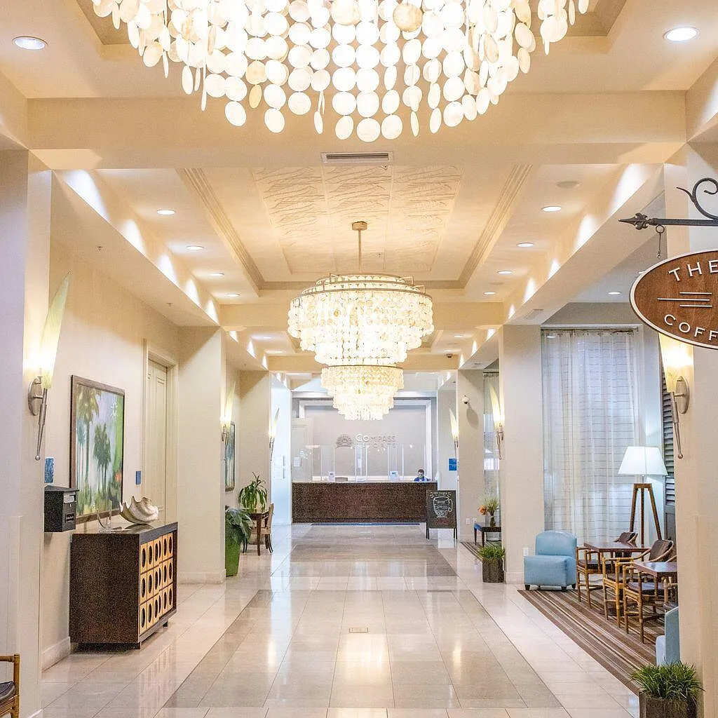 Step into an elegant lobby where stunning chandeliers and sophisticated design create the perfect welcome to your getaway.