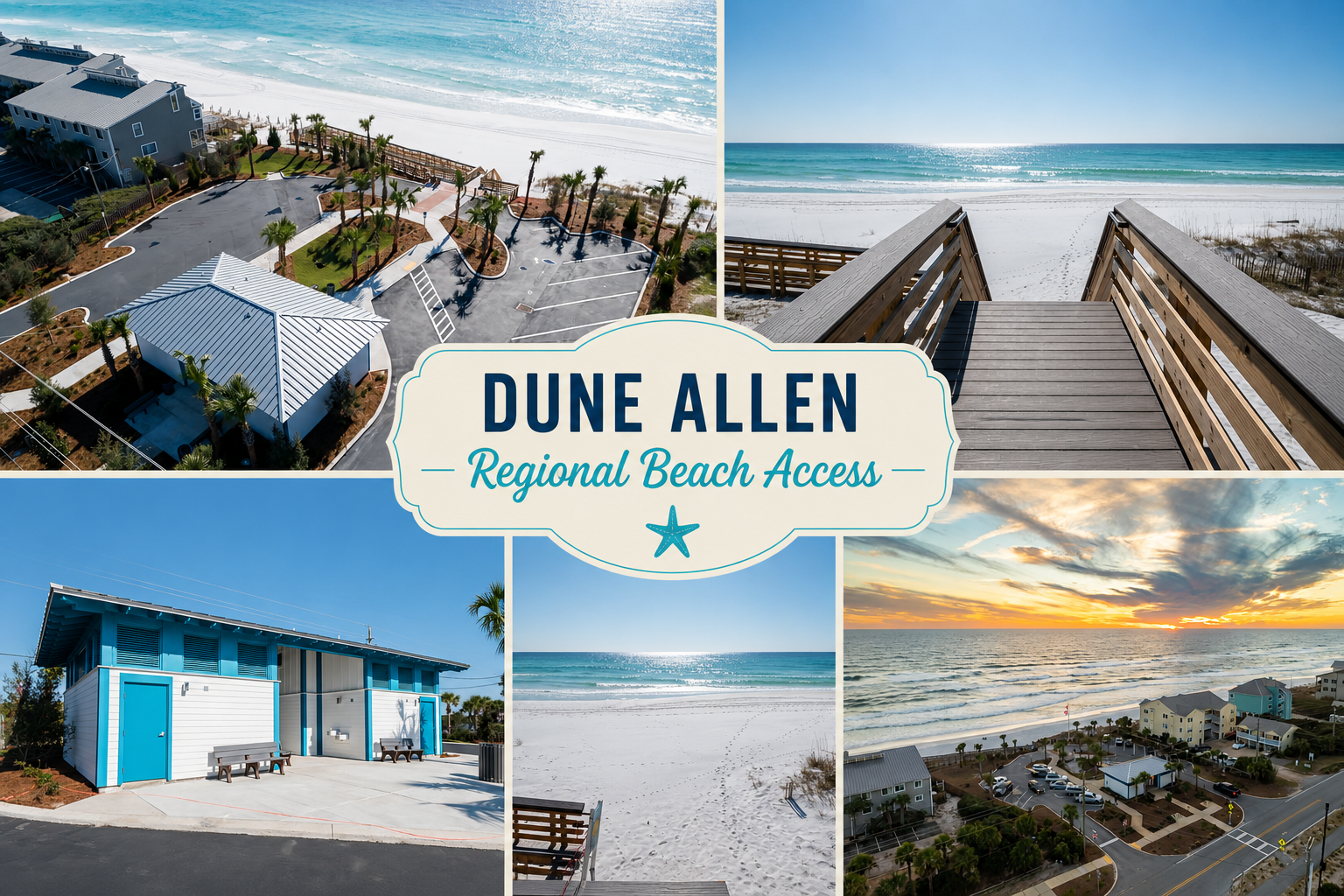 Dune Allen Regional Beach Access features parking, restrooms, and outdoor showers, along with easy access to the sugar-white sand and emerald waters of the Gulf.