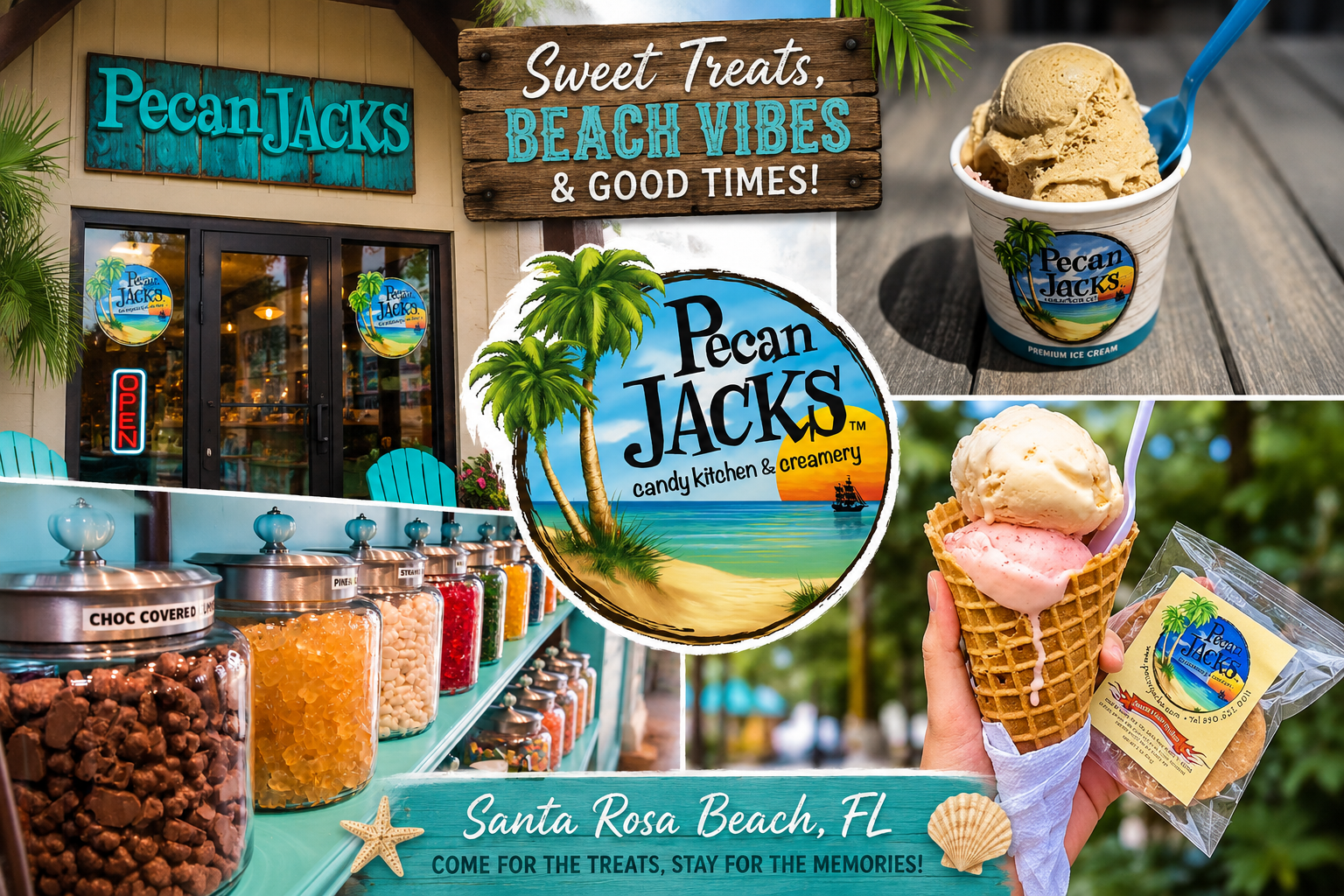 Promotional collage image for Pecan Jacks candy kitchen and creamery in Santa Rosa Beach, FL, featuring their storefront, ice cream products, and branding elements.