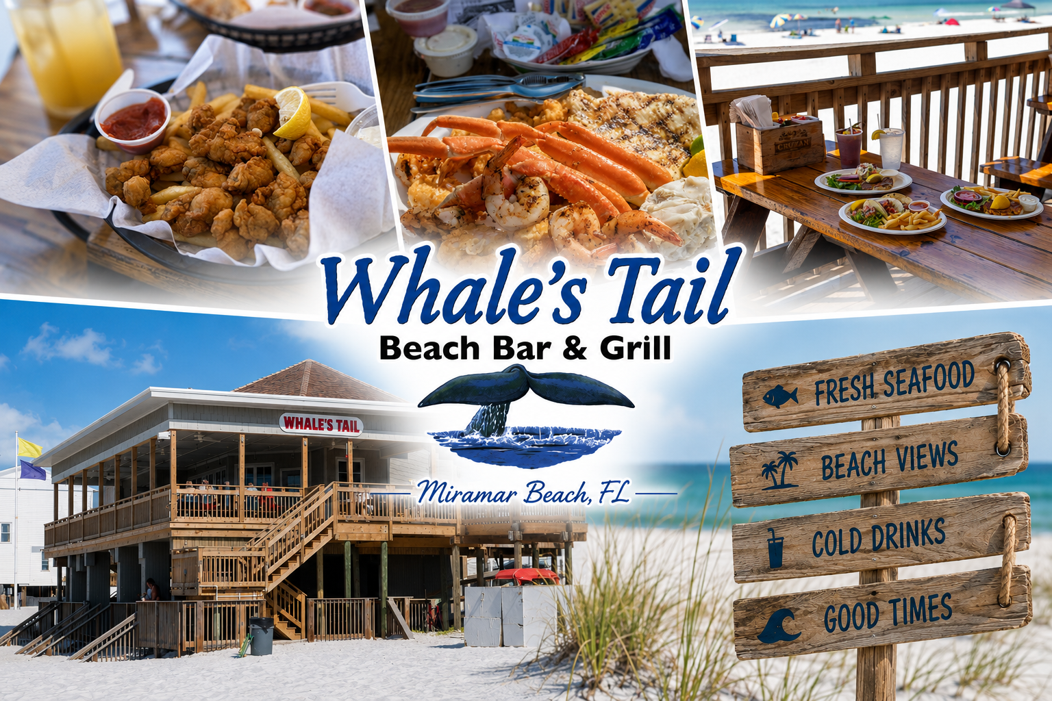 Whale's Tail Beach Bar & Grill is a beachfront dining spot in Miramar Beach, FL, offering fresh seafood, beach views, cold drinks, and good times in a relaxed coastal setting.