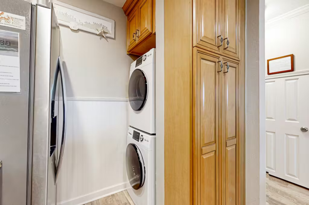 You'll love the convenience of in-unit laundry—full-size washer and dryer stacked right here, making it easy to pack light and freshen up whenever you need.